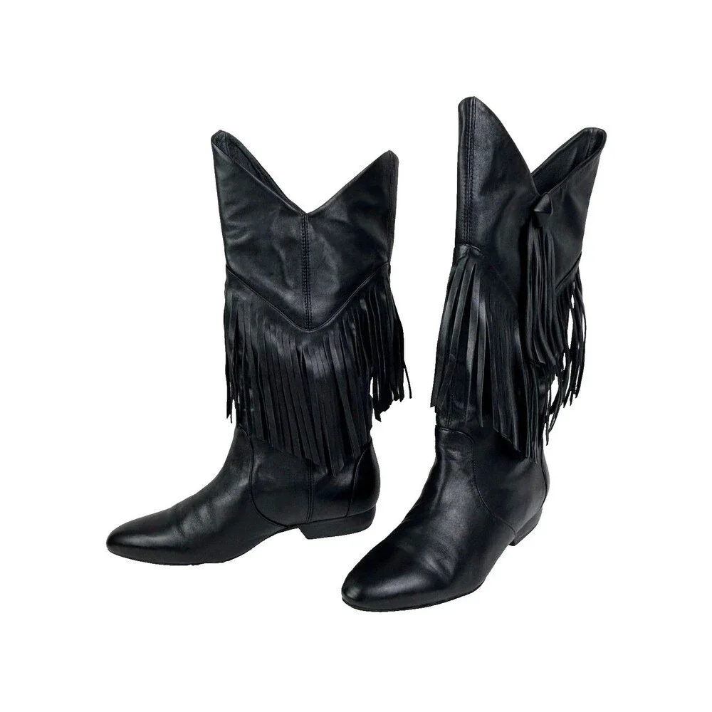 Pour La Victoire Western Cowboy Boots Mid Calf Fringe Leather Pointed Toe 7.5